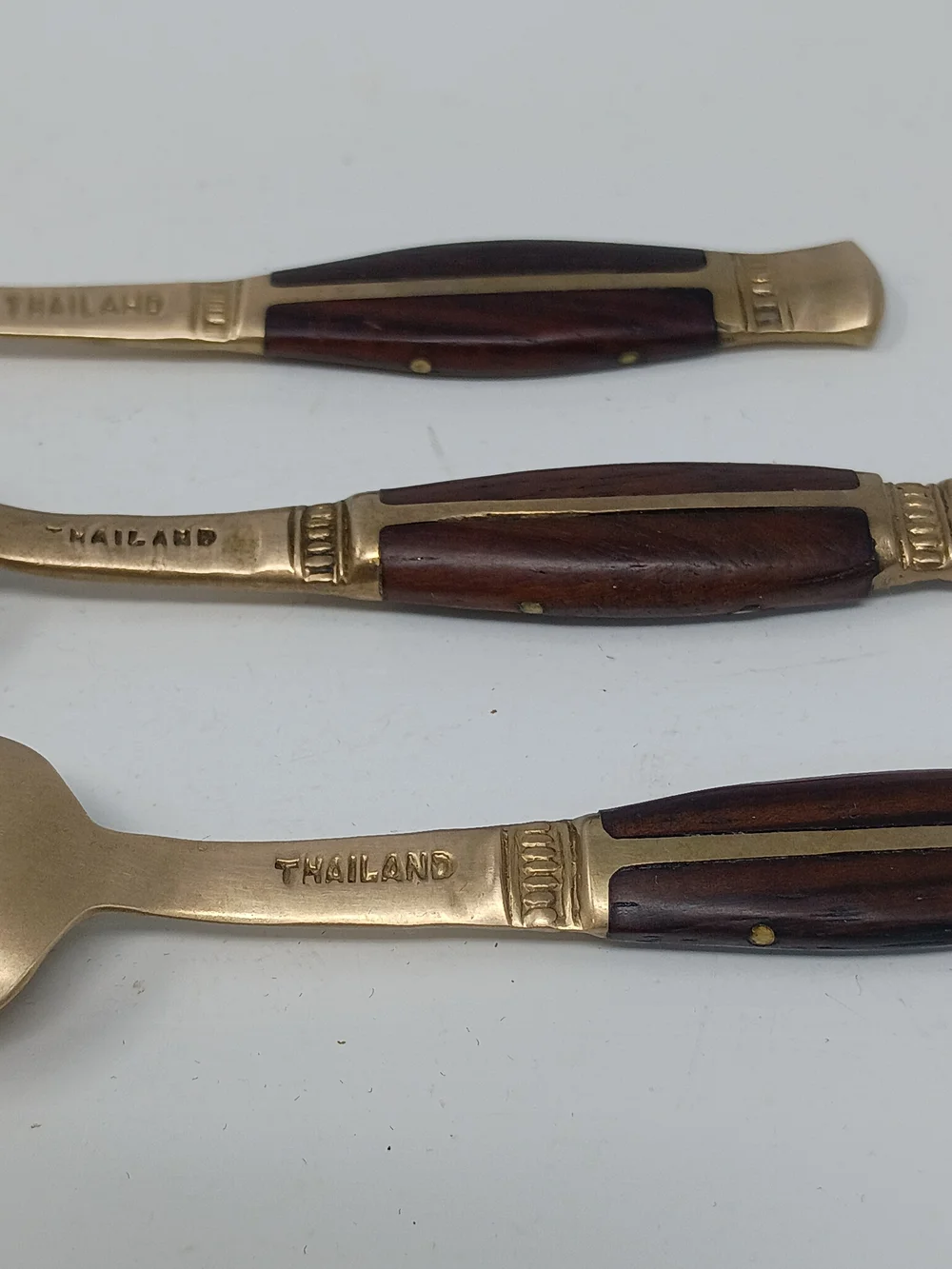 Vintage 1960's Thailand Brass Dessert Spoons with Brown Teak Wood Handles